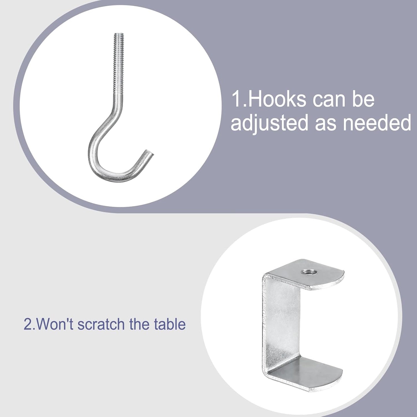 2PCS Desk Mount Bag Holder Hook, Desk Hook with Adjustable Arm Clamp Under Table Handbag Hanger Purse Hooks Portable Clamp-On Backpack Hanger for Table, Under Counter(Silver)