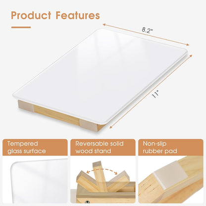 Desktop Glass Dry Erase Board, Small Glass Whiteboard with Adjustable Wood Stand - Reusable Desk Notepad 11" x 8.2" for Home Office