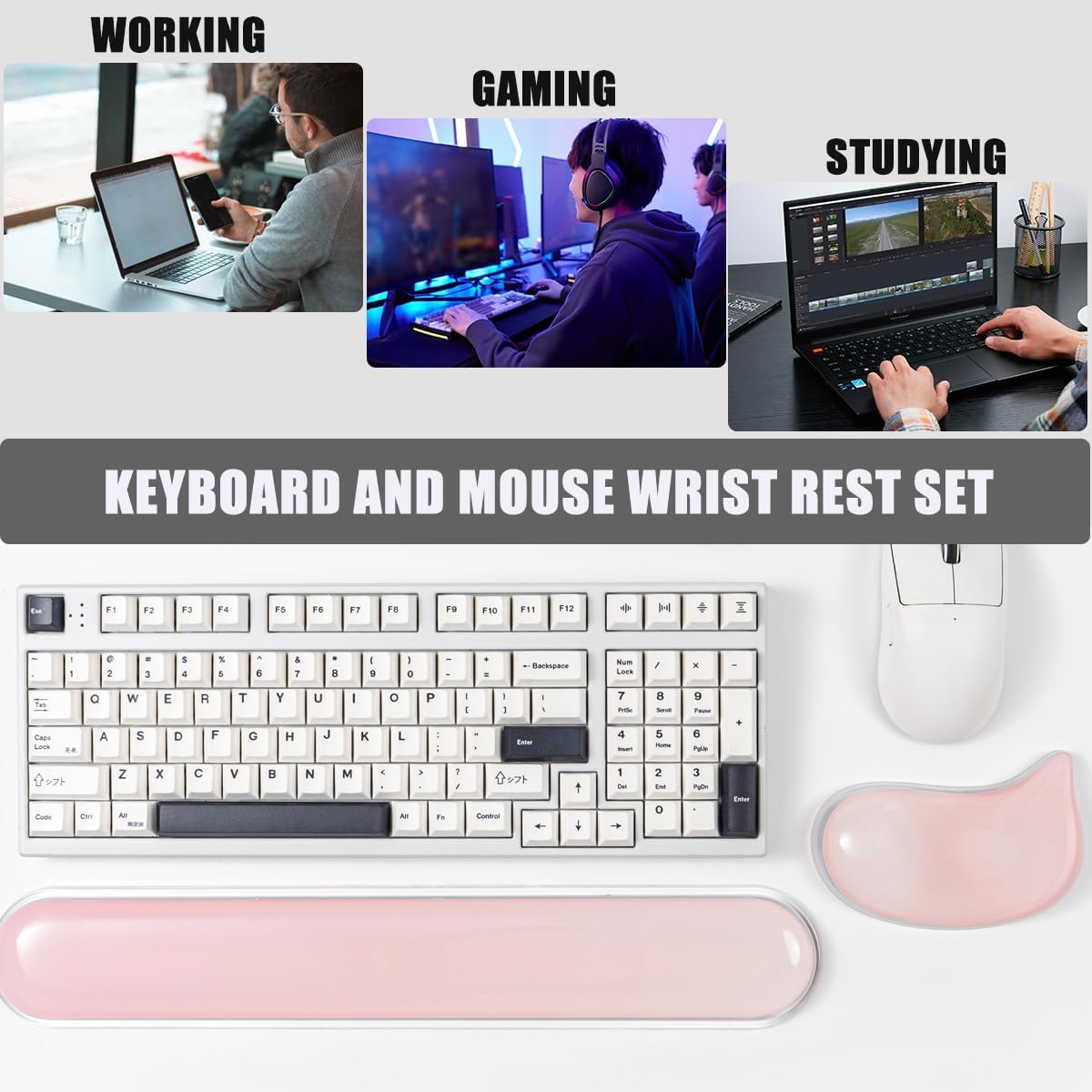 Gel Keyboard and Mouse Wrist Rest Set –White Clear Wrist Rest for Computer Keyboard 60%/68%/75%, Comfort & Support for Typing and Gaming