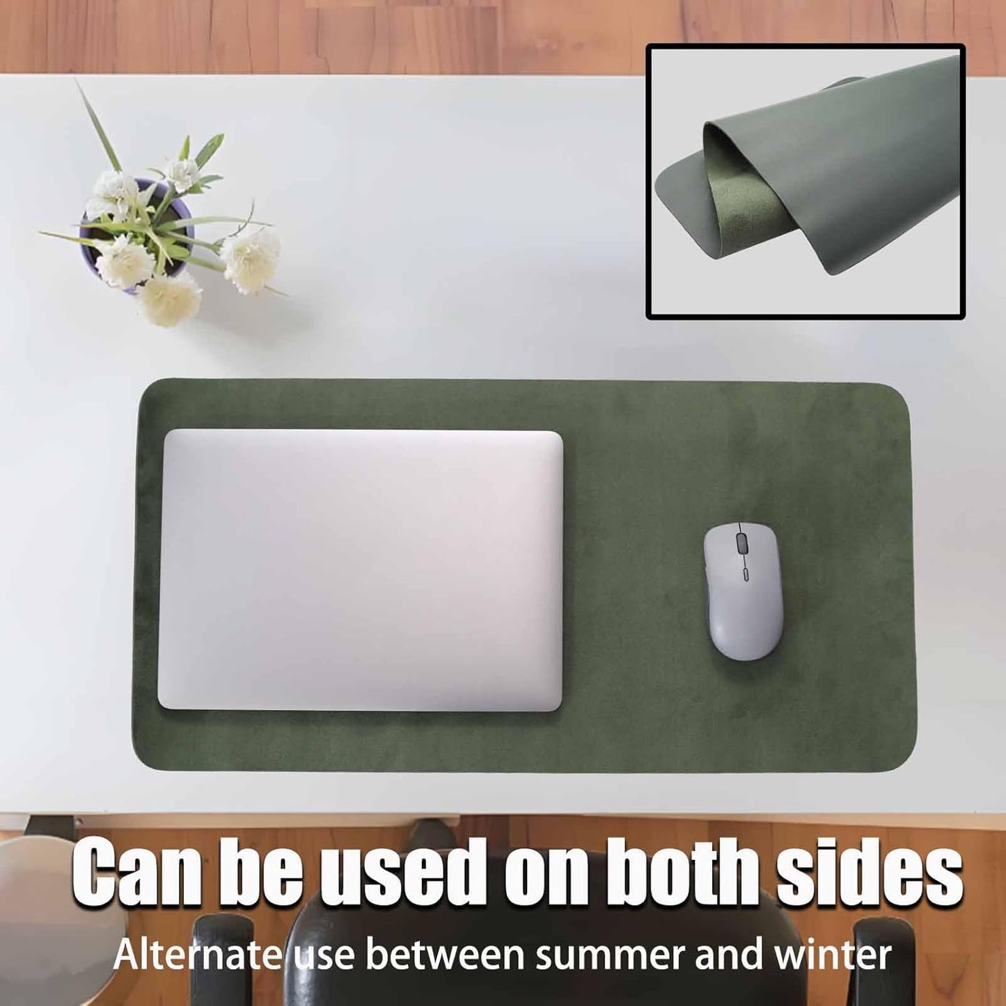 Double-Sided Keyboard Mouse Pad, 31.5"x15.7" PU Leather and Cork Desk Mat Large Overlocked-Edge Desk Pad with Matching Thread, Black