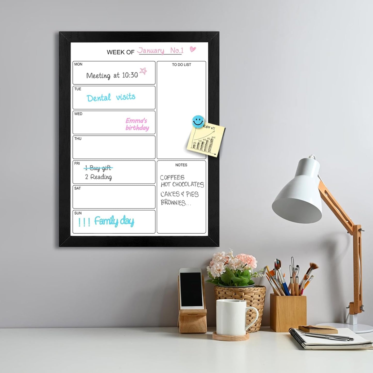 Weekly Dry Erase Whiteboard Calendar, 15.7"x11.8" Magnetic Surface Memo Board, Minimal Design Weekly Planner for Wall, Black Wood Frame Dry Erase Board for Office School Home(ZLBB-S-BK-3040)