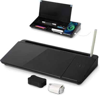 SHANTRA 16'' x 7'' Desktop Whiteboard with Fast Charger Station & Adjustable LED Lamp, Pink Desk Dry Erase Board with Organizer, Computer Pad & Keyboard Stand for Home, School, Office Desk Accessories