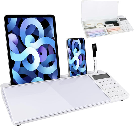 Small Glass Desktop Whiteboard Dry Erase Board with Calculator - Desktop White Board Storage Memo Notepad Computer Keyboard Stand Organizers with Accessories Markers, Eraser for Office, Home, School