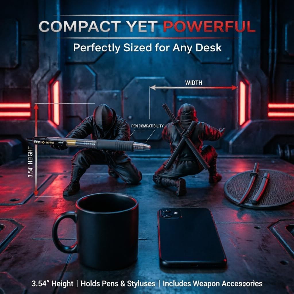 HUBAI 2 Packs Ninja Pen Holder For Desk,Ninja Warrior Pen Holder With Sword And Weapon Accessories,3D Printed Creative Ninja Desk Organizer with Sword,Office Desk Accessories(Red and Black)
