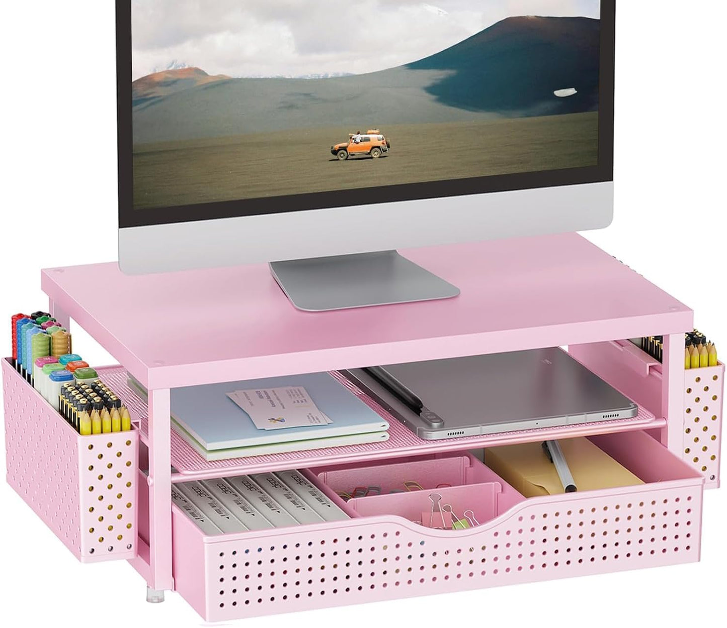 gianotter Monitor Stand Riser, Office Desk Shelf Organizer, Desk Organizer with Drawer and Pen Holder, 2-Tier Computer Stand, Office Organization (Ink)