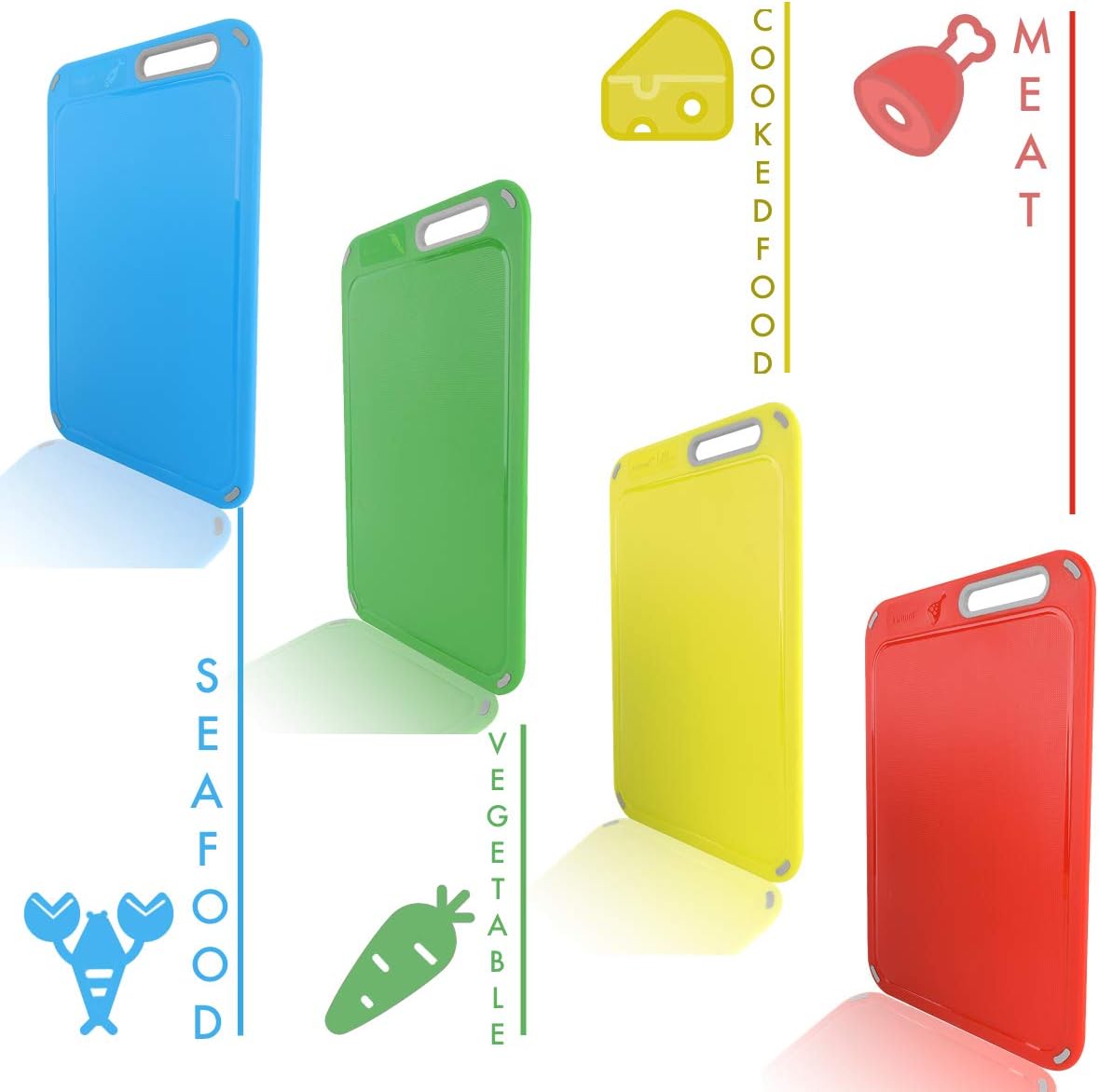 Plastic Cutting Boards Set of 4 with Holder, Color-Coded Chopping Boards for Meat Fish Vegetables & Bread, BPA-Free, Dishwasher Safe, Non-Slip Kitchen Cutting Board Set