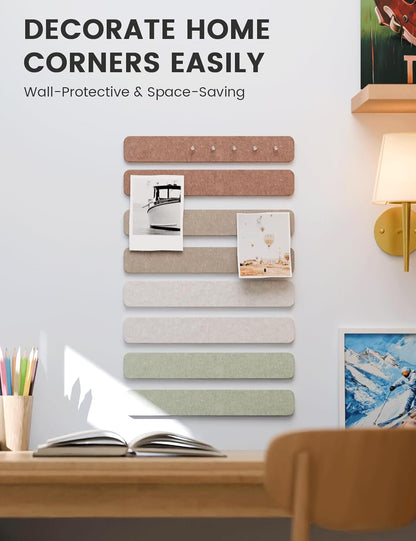 Fluxynara Cork Board Alternative Felt Strip Board 8-Pack 13"x2", Office Pin Board with 50 Push Pins, Adhesive Install for Bedroom Door & Home Office(Linen Dusk)