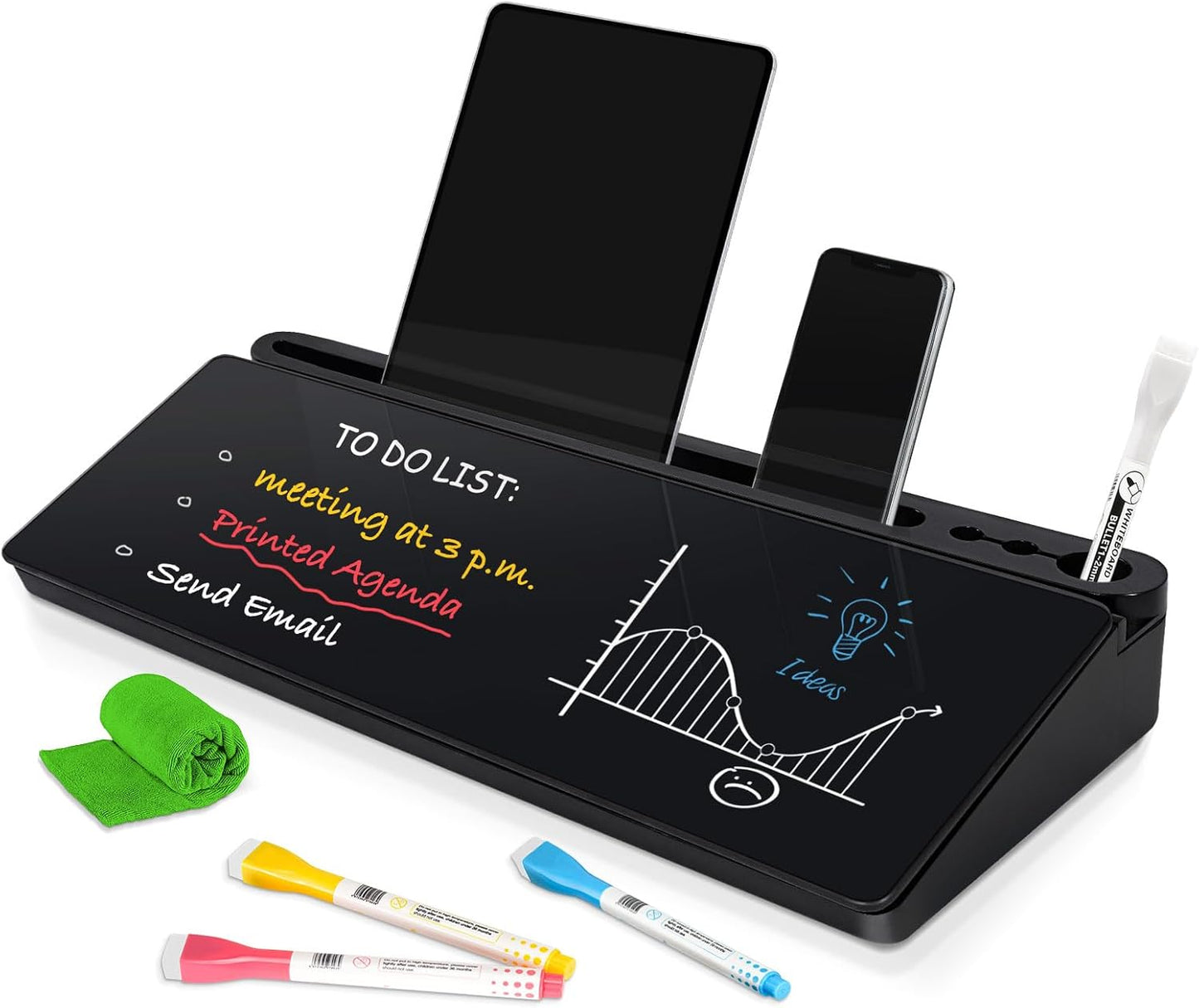 DOLLAR BOSS Glass Desk Whiteboard Calendar Small Dry Erase Board Desktop White Board with Storage Drawer Computer Keyboard Stand Desk Organizer, Colorful Weekly Calendar, Black