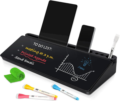 DOLLAR BOSS Glass Desk Whiteboard Calendar Small Dry Erase Board Desktop White Board with Storage Drawer Computer Keyboard Stand Desk Organizer, Colorful Weekly Calendar, Black