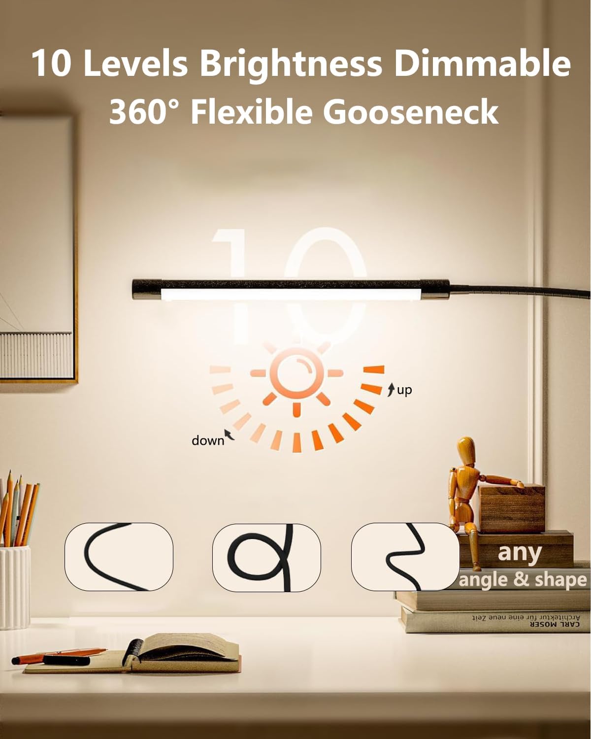 JHD Led Desk Lamp with Clamp - 10 Brightness Levels, 12" Flexible Gooseneck,Eye Protection USB Lamp - Suitable for Home Office, Reading, Bed Light,Quality Black Metal Clamp Light,Headboard Lamp