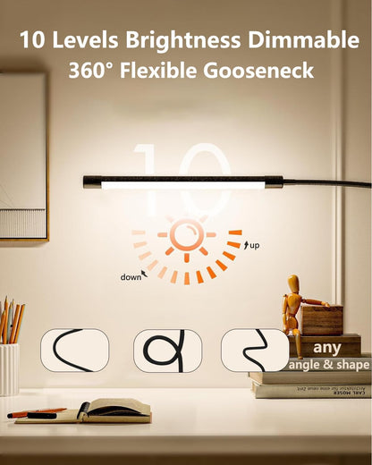 JHD Led Desk Lamp with Clamp - 10 Brightness Levels, 12" Flexible Gooseneck,Eye Protection USB Lamp - Suitable for Home Office, Reading, Bed Light,Quality Black Metal Clamp Light,Headboard Lamp