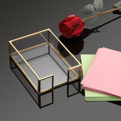 BTSKY Golden Glass Sticky Note Holder for 3x3 Inch Sticky Notes, Elegant Post It Note Dispenser with Non-Slip Pads Clear Notepad Holder for Desk Organization Planning, Home Office Decor