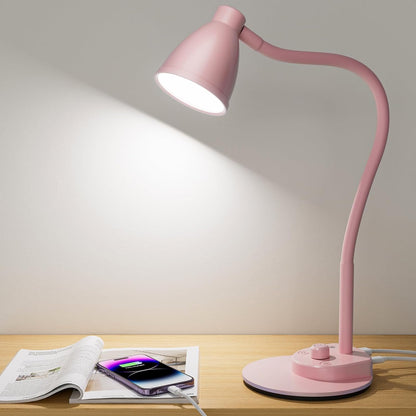 BOHON LED Desk Lamp with USB Charging Port, 3 Color Modes Dimmable Reading Lamp, Auto Dimming Task Lamp, Flexible Neck Table Light for Dorm Bedside, Adapter Include, White