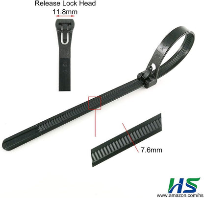 HS 6 Inch Releasable Cable Ties Adjustable Wire Tie Straps (100 Pack) 50 Pound Heavy Duty Wire Zipties Reusable Zip Ties Small for Pc,Cord,Black