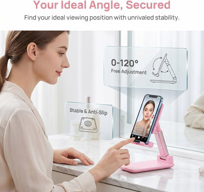Phone Stand, PhoneHolder for Desk Anti-Slip Cute OfficeAccessories Forldable Cell PhoneHolder Compatible with iPhones, AllMobile Phones, White-Silver, Pro