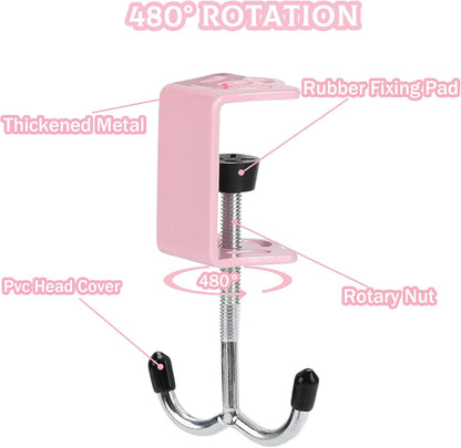 2Pcs Adjustable Purse Hooks for Table & Desk - 100lb Capacity Heavy-Duty Alloy Backpack Hanger, Multi-Use Purse Hanger for Handbag, Headphone, Umbrellas, Space-Saving Desk Organizer (Blue & Pink)
