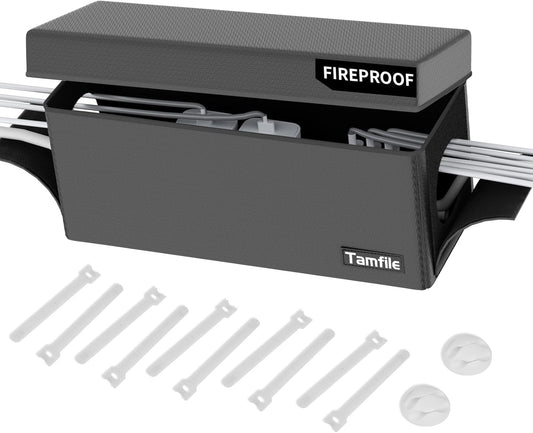 Tamfile Cable Management Box, Fireproof Foldable Cord Organizer and Cover, Heat Resistant Large Power Strip Organizer for TV Wires, Computer and USB Hub with Cable Clips & Reusable Cable Ties (Black)