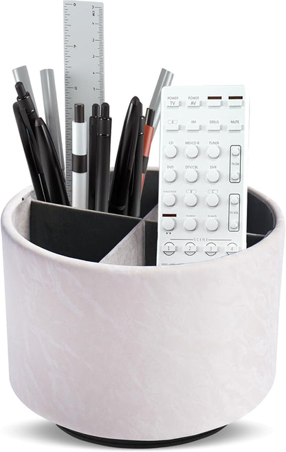 Round Leather Art Supply Organizer,Remote Control Holder,360 Degree Rotating,Multi-Functional Pencil Holder,4 Compartments Desktop Stationary Organizer(1-Fractal Flower) | Round - Colors A