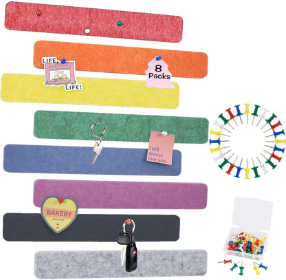 Vuzvuv 8 pcs Bulletin Board Bar Strips with 50 Pushpins & 10 Wooden Clip pins，Self Adhesive Cork Board for Wall，Felt Pin Board for School，Office Decor（Black White Grey）