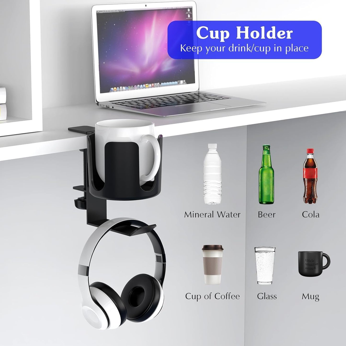 Desk Cup Holder Clip On 360° Rotating Clamp,Deeper Anti-Spill Drink Holders for Water Bottles & Coffee Mugs,Adjustable Clamp Fits Screw On Table for Drinks,Office,Gaming Desk,Home,Black