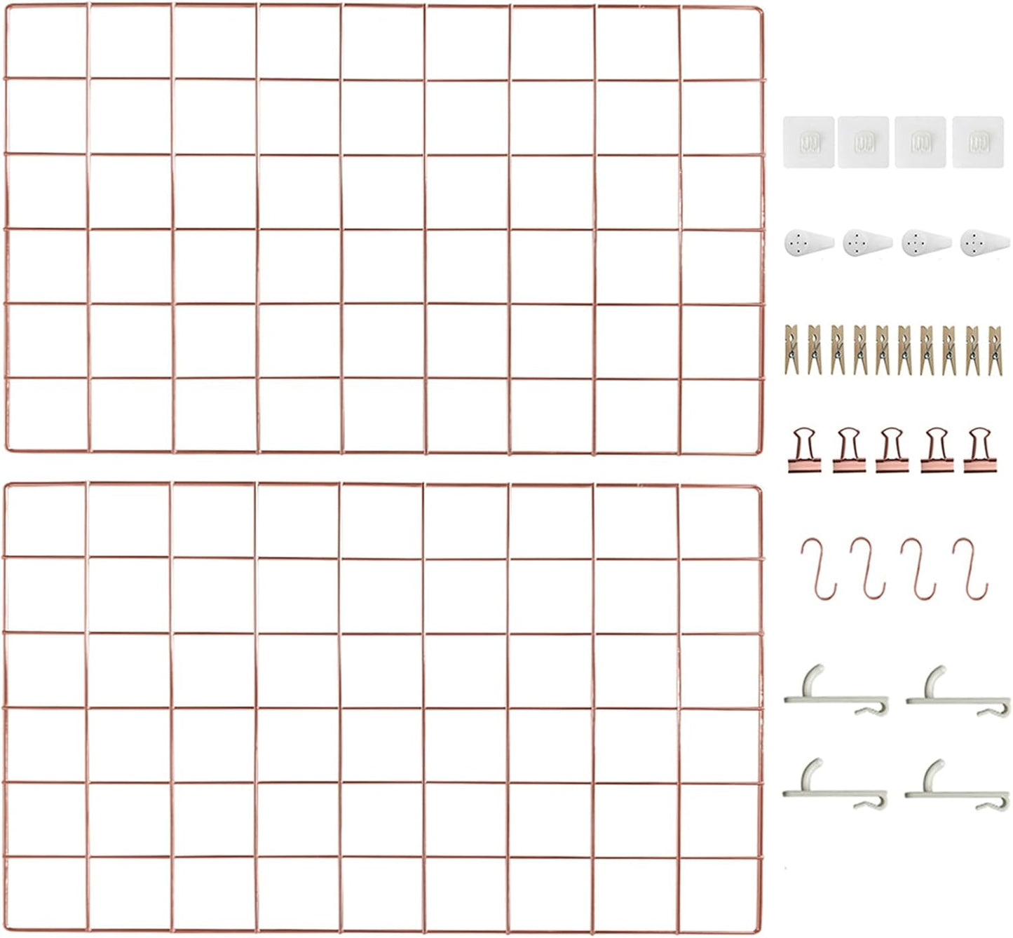 CIKLCIX Metal Grid Wall Panel, Wire Grid Photo Display Organizer, 17.3"×11.8" Gold Wire Board Grid Wall, Grid Picture Frame, 2-Pack Wire Mesh Memo Board With Clips and Hooks