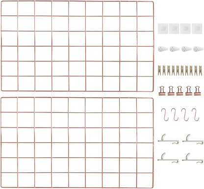 CIKLCIX Metal Grid Wall Panel, Wire Grid Photo Display Organizer, 17.3"×11.8" Gold Wire Board Grid Wall, Grid Picture Frame, 2-Pack Wire Mesh Memo Board With Clips and Hooks