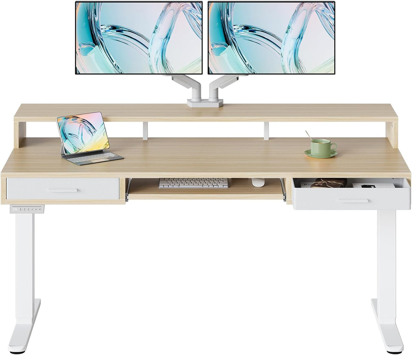 HUANUO 55″ x 26″ Electric Standing Desk with 2 Drawers &24.4″ Large Keyboard Tray, C-Clamp Mount Compatible, Adjustable Computer Desk for Office, Sit Stand Up Desk with 4 Height Presets, Light Walnut