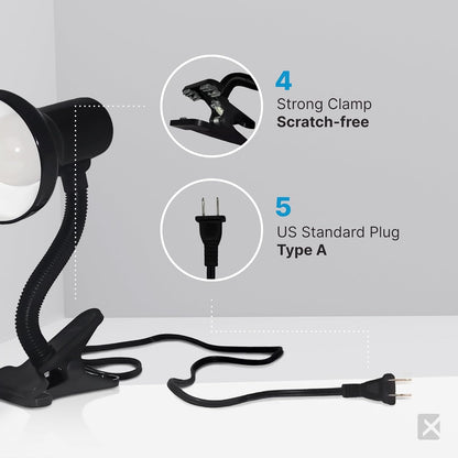 Xtricity LED Clip on Desk Lamp with 360° Flexible Gooseneck, Reading Light for Bed Headboard– A19 Bulb Included, 120V, On/Off Switch, 10.25” Height Table Lamp with White Finish
