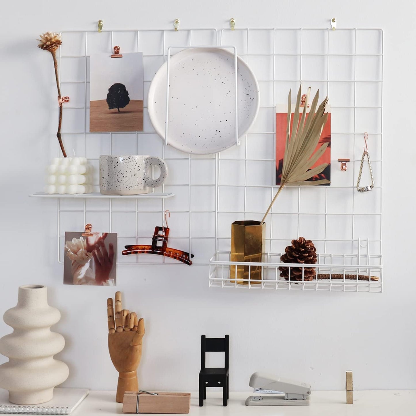 Wall Grid Panel for Photo Display,Wall Storage Organizer,5 Metal Clips & 3 S Hooks & 4 Nails & 4 Plastic Hanging Buckles and 4 Screws Offered,Size 17.5" x 11.8",2 Pack(Gold)