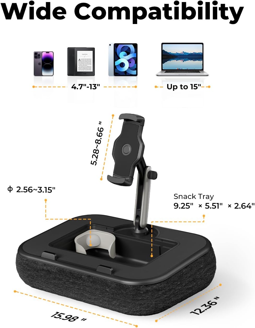 SupeDesk Laptop Lap Desk, Adjustable iPad Holder for Bed, 360° Swivel Tablet Arm, Laptop Desk with Mouse Pad, Snack Bowl & Cup Holder, Fits 4.7–13” Tablets & 15” Laptop