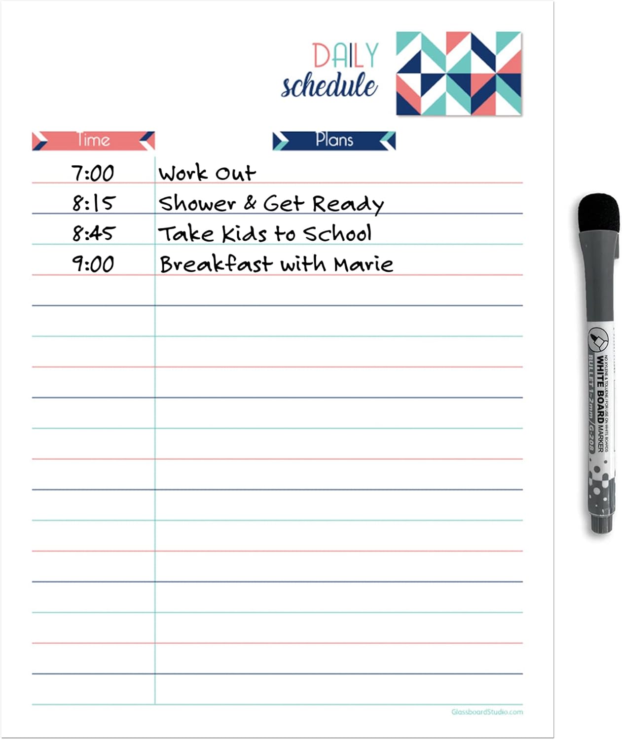 Dry Erase Daily Schedule Planner Sticker Decal by Glassboard Studio | Removable & Reusable | Magnetic Fine-Tip Marker Included (9 x 12 inches, White)