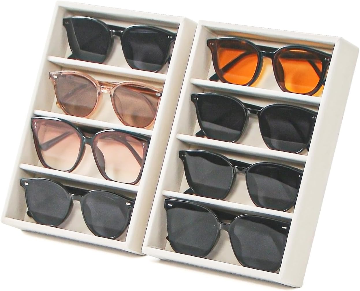 Byken 2 Pcs Sunglasses Organizer,4 Grid Eyeglass Jewelry Storage Tray for Drawer,Beige White