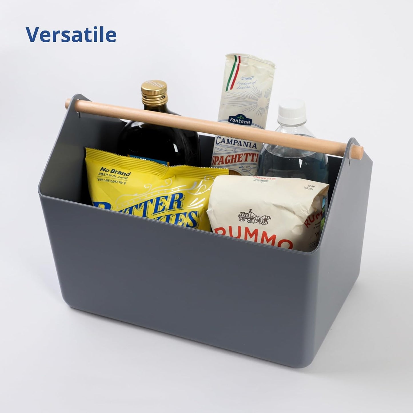 BLUE GINKGO Medium Storage Basket – Plastic Caddy with Wooden Handle for Office, Arts & Crafts, or Home Supplies (Gray)