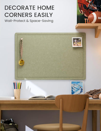 Fluxynara Bulletin Board, 23.6" x 17.5" Cork Board Alternative with 12 Safe Removable Adhesive Tabs, Foldable Felt Pin Board for Home Office, Classroom, Bedroom,Entryway for Walls—Sage