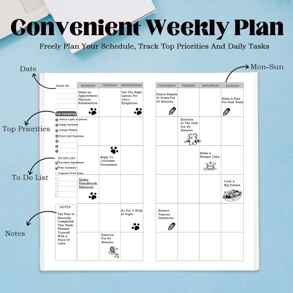 qianshan Travelers Notebook Inserts with PVC Sleeve,Undated Weekly Planner,Weekly To Do List Notepad,TN Journal,30 Sheets,8.5" x 4.7",Pocket Travelers Notebook for Journals,Diaries,Planners,Pink Cat