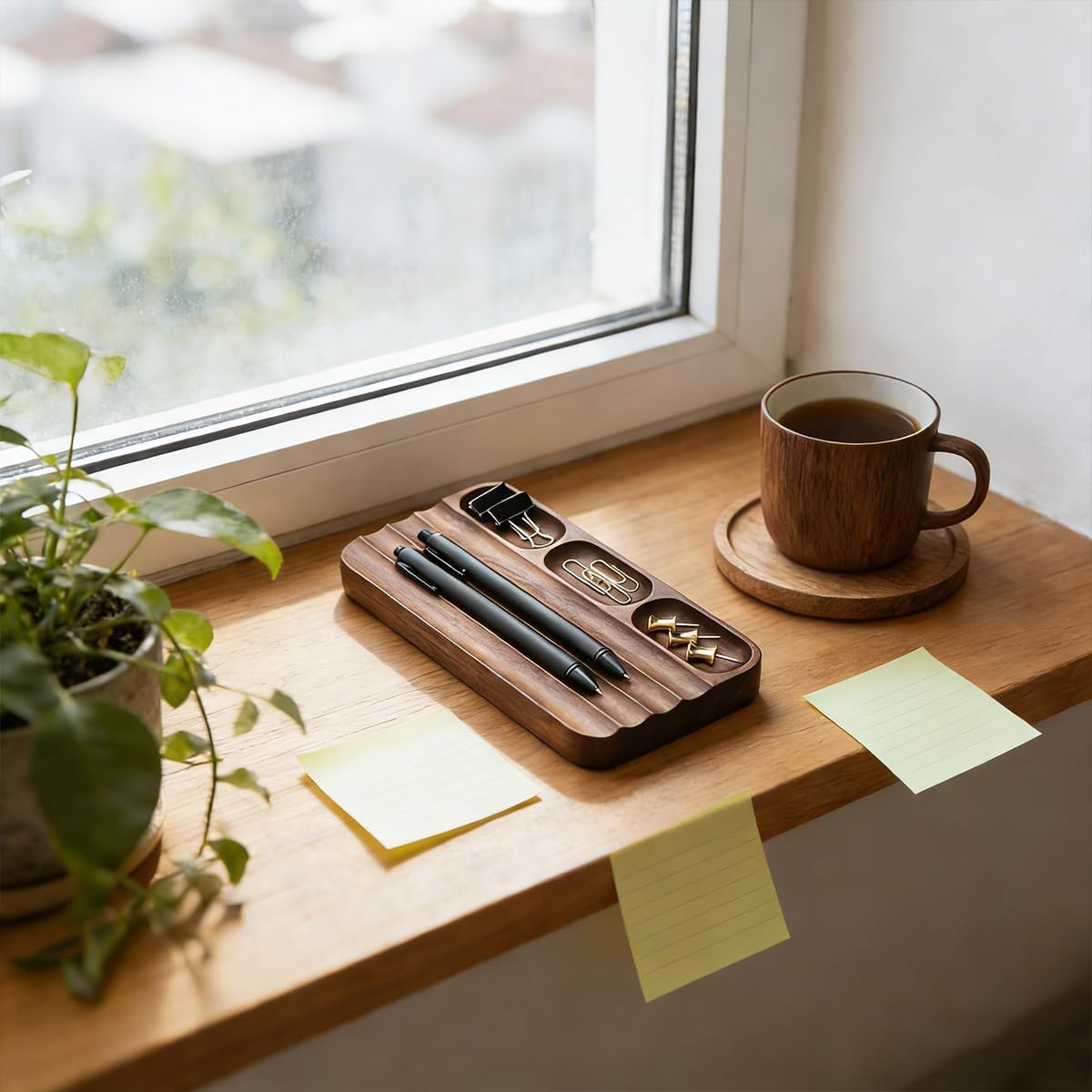 Pen Holder Organizer of Office desks,Walnut Desk Pen Stand,Wave Pen TrayOffice Accessory,Teacher Gifts,Suitable for School,Home,Office Desktop Art Accessories (Walnut-5 Grid)