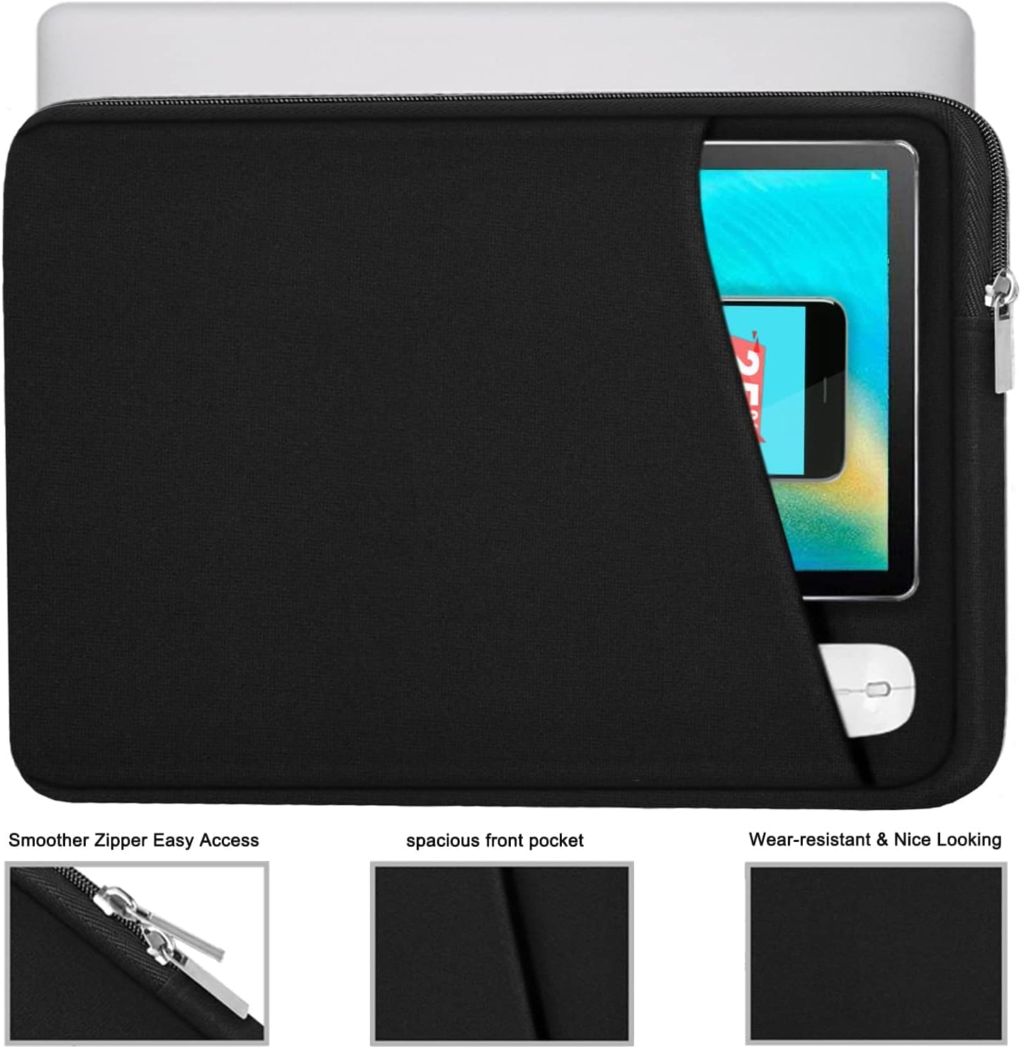 Laptop Sleeve, Durable Briefcase Shockproof Protective Case, Handbags Portable Laptop Bag for 15.6 inch HP Dell Asus Lenovo Notebook Computer with Front Pocket, Black