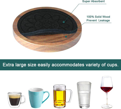 Wood Coasters for Drinks, Minacun Absorbent Coaster Sets of 5, Drinks Coasters for Coffee Tabletop Protection, Non-Slip, Non-Stick, Suitable for Kinds of Cups Wooden Table Drink, 4.3 Inches Black