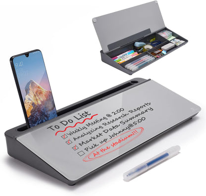 TSJ OFFICE Small Desktop Whiteboard -Glass Dry Erase Board Computer Keyboard Stand White Board Surface Pad with Drawer, Desk Organizers with Accessories for Office, Home, School Supplies - White