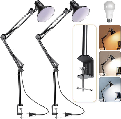 Desk Lamp With Clamp for Home Office, Eye-Caring Clip on Light with Adjustable Extra Tall Metal Swing Arm, High Intensity Clamp Lamp w/LED Bulb, Architect Task Table Lamps for Study, Workbench-B/5000k