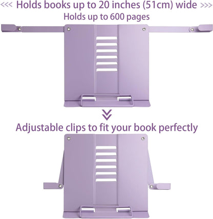 Metal Desk Book Stand for Reading with Adjustable Clips, Hands-Free Foldable Book Holder for Kids, Portable Document Stand for Desk, Display Stand for Recipes, Cookbooks, Tablets - Black