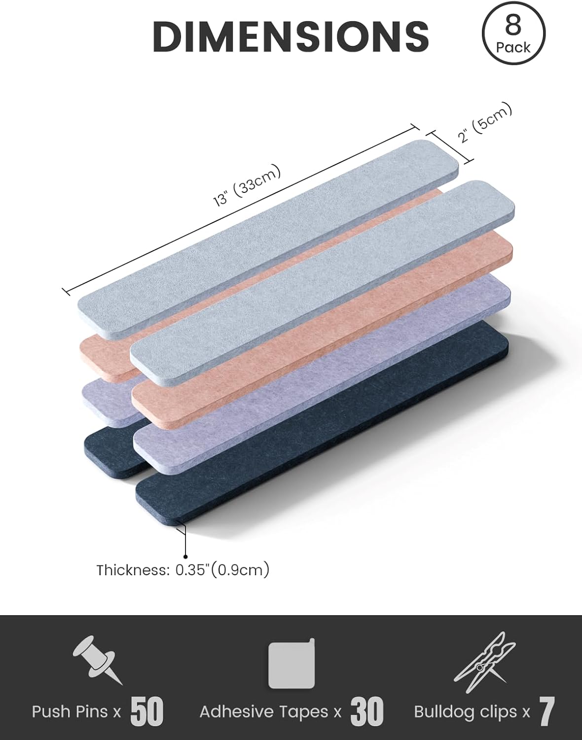 Fluxynara Cork Board Alternative Felt Strip Board 8-Pack 13"x2", Office Pin Board with 50 Push Pins, Adhesive Install for Bedroom Door & Home Office(Linen Dusk)