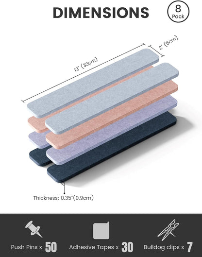 Fluxynara Cork Board Alternative Felt Strip Board 8-Pack 13"x2", Office Pin Board with 50 Push Pins, Adhesive Install for Bedroom Door & Home Office(Linen Dusk)