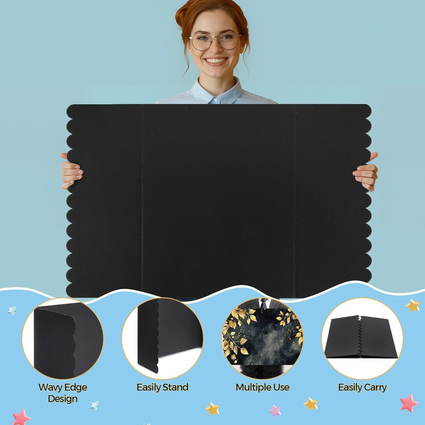 Mooliwe 4 Pack 24" X 16" Trifold Poster Board, Medium Tri Fold Boards Foldable Corrugated Presentation Display Scalloped Borders for Science Fair Events, School Projects, Exhibitions (Macaron)