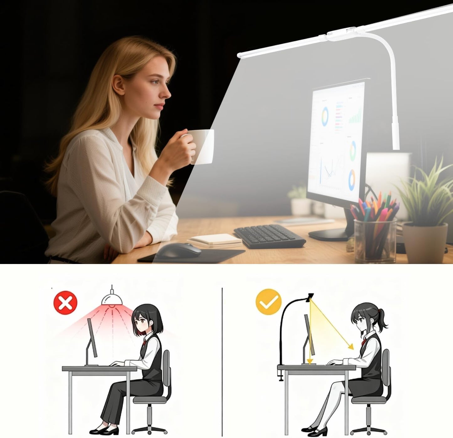LED Desk Lamp with Clamp, Double Head Adjustable Architect Light, Eye-Caring Monitor Desk Lamp for Home Office, Flexible Gooseneck Task Lamp with 10 Brightness Levels & 5 Color Temperature Modes Black