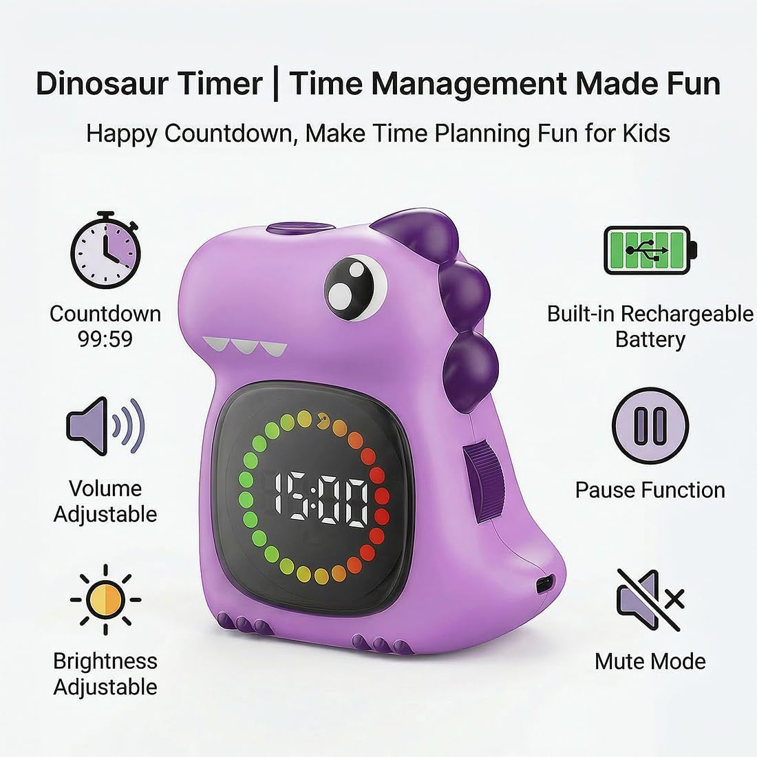 Visual Timer for Kids Light Blue Dinasuor Kids Timer Visual Led Rechargeable Toddler Timer Visual Countdown for Classroom Home Studing Playing