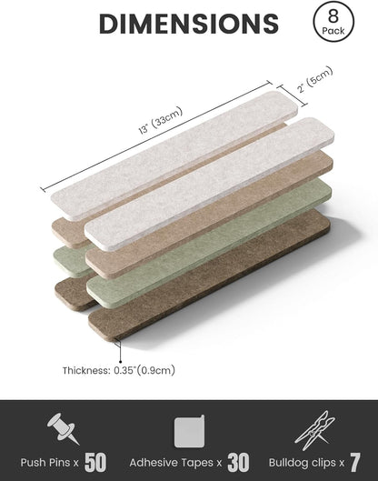 Fluxynara Cork Board Alternative Felt Strip Board 8-Pack 13"x2", Office Pin Board with 50 Push Pins, Adhesive Install for Bedroom Door & Home Office(Linen Dusk)