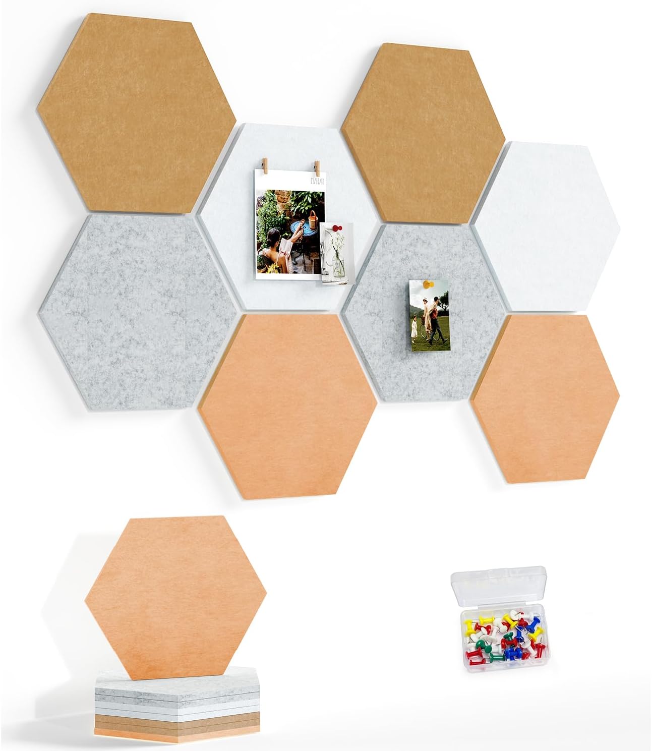 8 Pack Hexagon Felt Bulletin Board Tiles - 12" Large Thick Pin Board for Walls with 30 Push Pins, DIY Boards for Office Home School Decor, Aesthetic Hex Cork Board Alternative