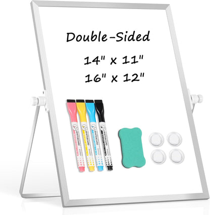 Dry Erase Magnetic White Board, 16" x 12" Double-Sided Desktop Whiteboard with Stand, Portable Small Whiteboard Set for Drawing, Office, Home