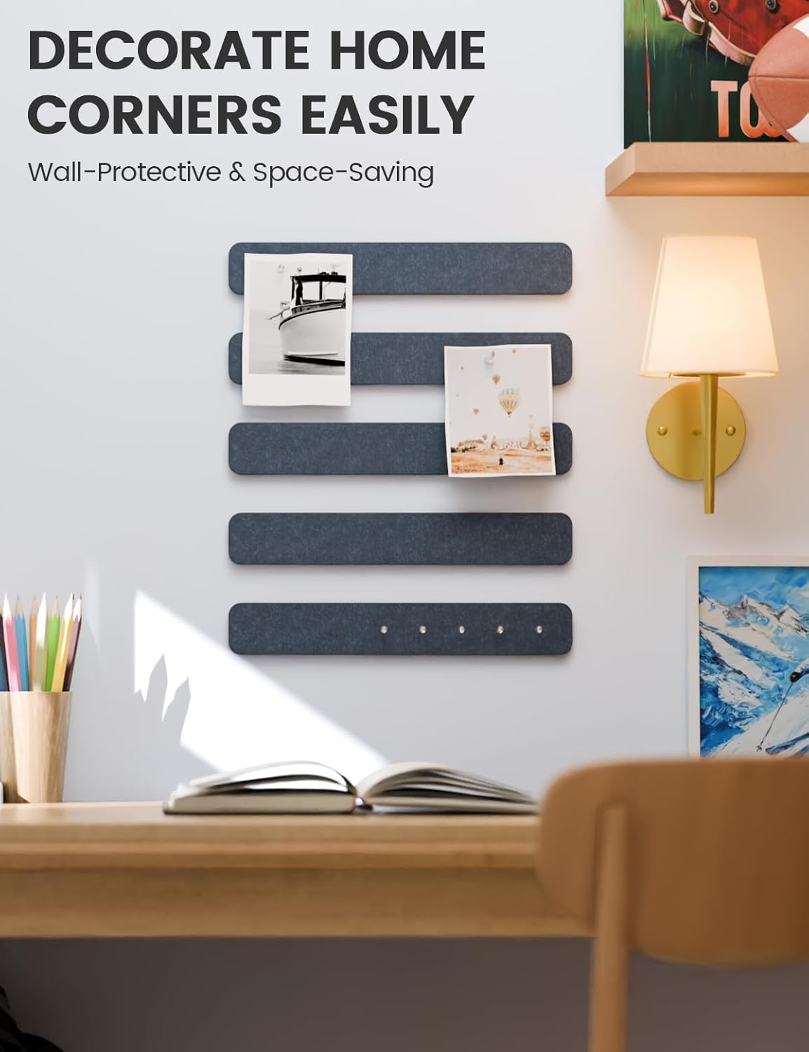 Fluxynara Cork Board Alternative Felt Strip Board 8-Pack 13"x2", Office Pin Board with 50 Push Pins, Adhesive Install for Bedroom Door & Home Office(Linen Dusk)
